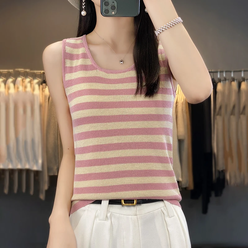 

New women's wool knitted camisole for the summer of 2024, U collar slim fit for external wear and striped for inner layering