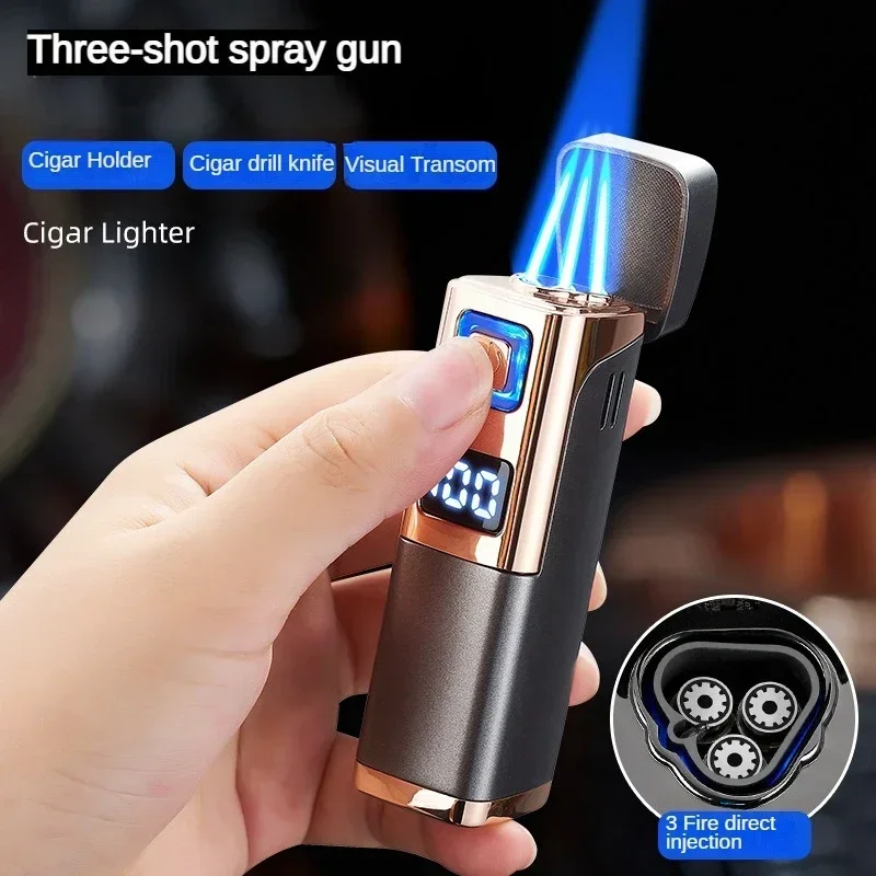 

New Direct Injection Triple Flame Blue Flame Cigar Special Lighter Gas and Electric Two-in-one Portable Cigar Cutter Igniter