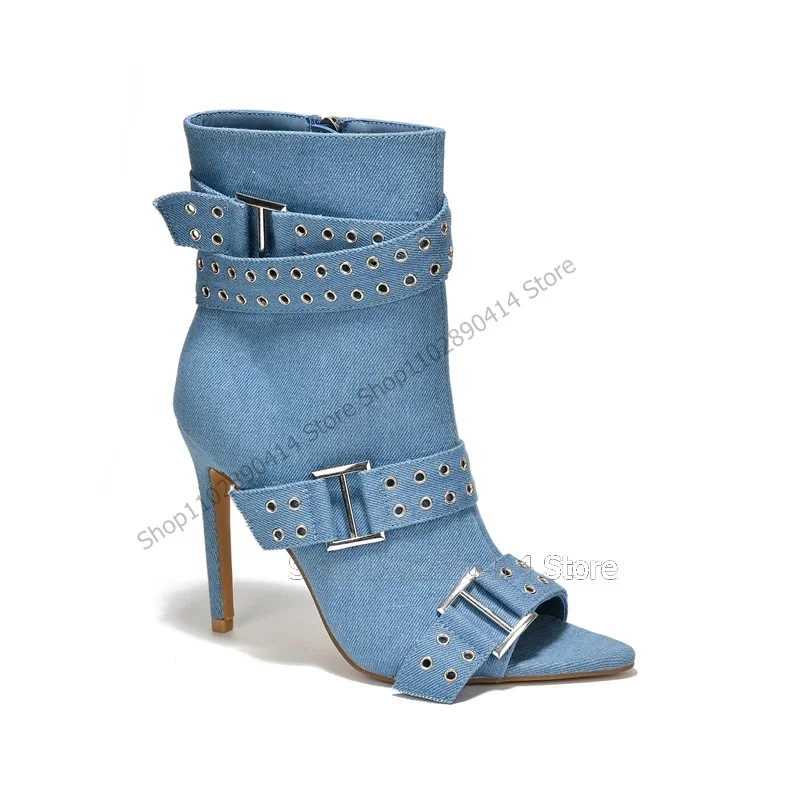 

Blue Denim Belt Fastener Decor Peep Toe Boots Side Zipper Women Shoes Thin High Heels Fashion Banquet 2023 Zapatos Para Mujere