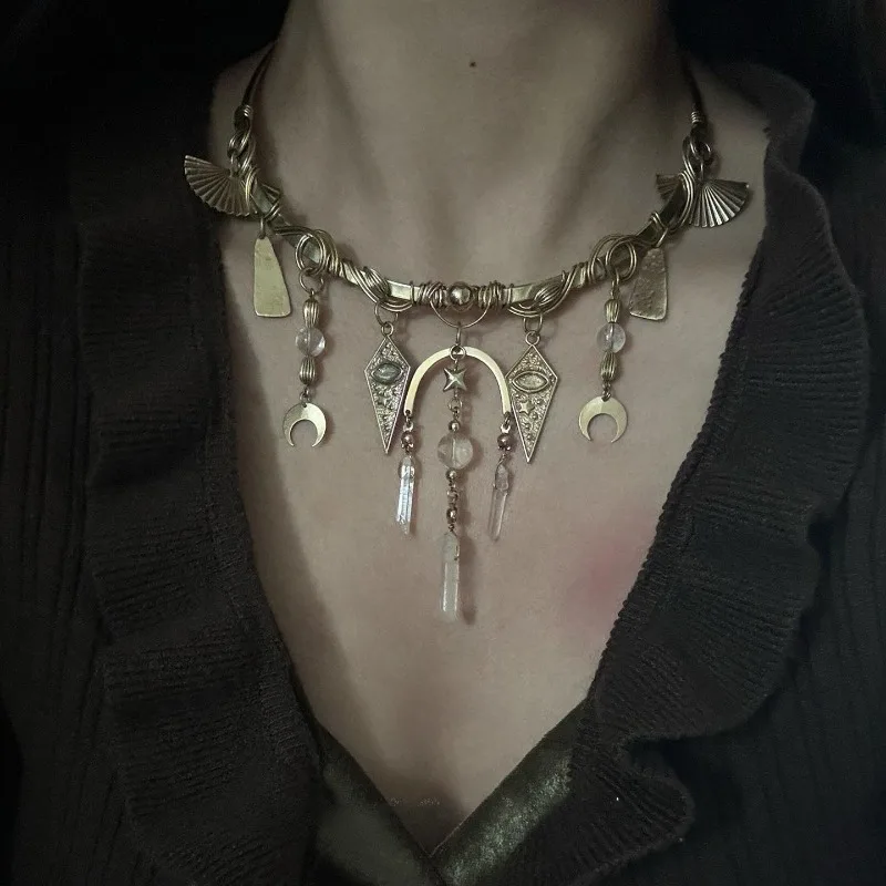 Gorgeous Handmade Star Moon Waterdrop Tassel Choker Necklace Post Apocalyptic Vintage Heavy Duty Wire Wrapped  Jewelry
