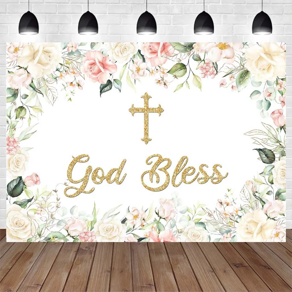 Mocsicka Baby Baptism Backdrop God Bless Gold Cross First Communion Photo Background Christening White Flowers Leaves Background