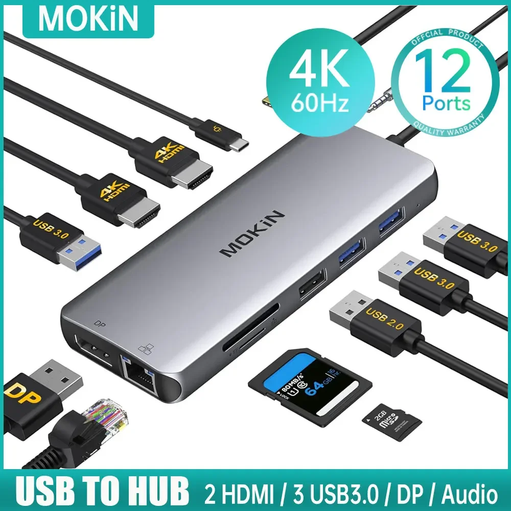 

Док-станция с двумя мониторами MOKiN USB C, адаптер с двойным HDMI, 4K @ 60 Гц, SD/TF,RJ45,VGA,USB, аудио, 100 Вт PD док-станция для MacBook Pro