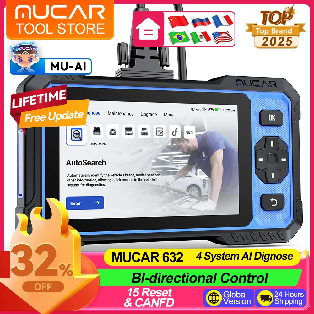

Диагностический сканер MUCAR 632 для 4 систем (ECM/TCM/SRS/ABS) с поддержкой CANFD OBD2, 15 функций сброса, пожизненные бесплатные обновления до 2026 года. Инструменты для диагностики Mucar.