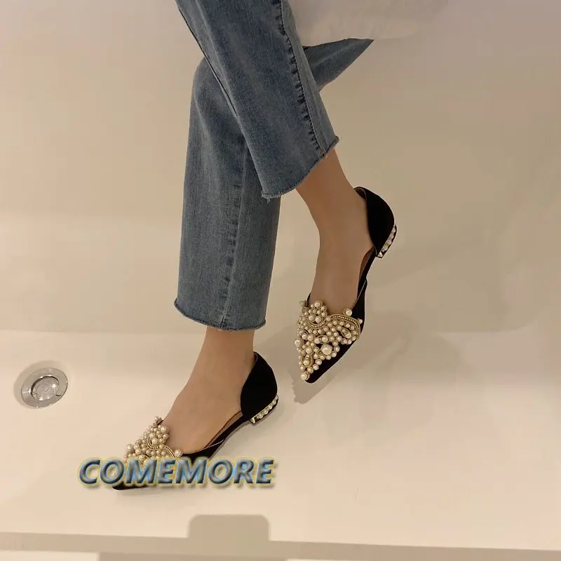 New Spring Pearl Flats Women Wedding Shoes Pointed Toe Female Dress Moccasins Low Pearl Heel Ladies Fashion Luxury Style Size 43