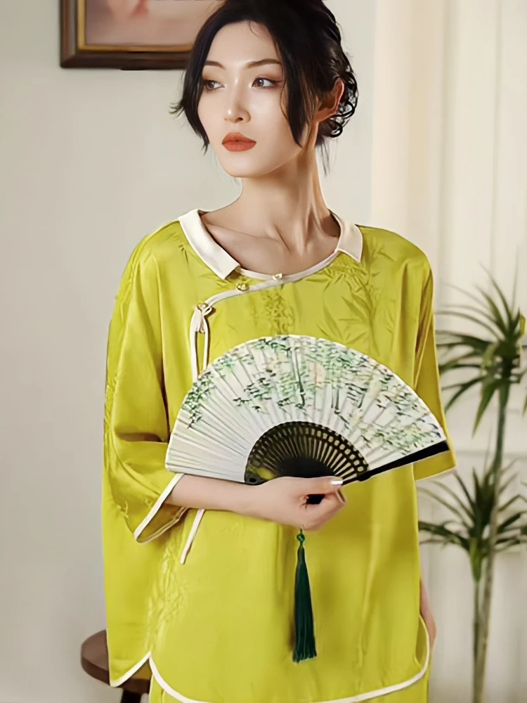 Pajamas Women's Summer Silk Give Mom Practical High-End Gift Chinese National Style Suit round Neck Simple Pullover Half Sleeve