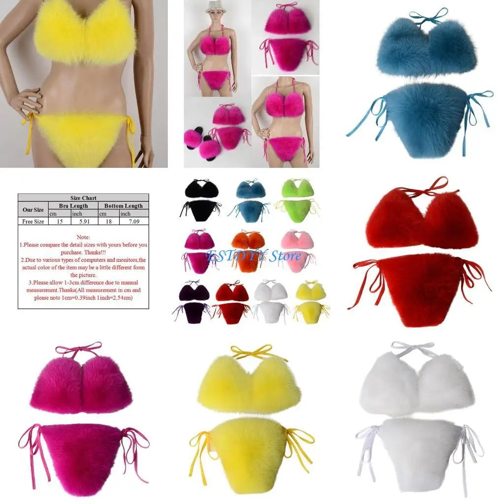 

G6DE Women Sexy 2pcs Faux Fur Set Halter Swimsuit Solid Color Plush Clubwear