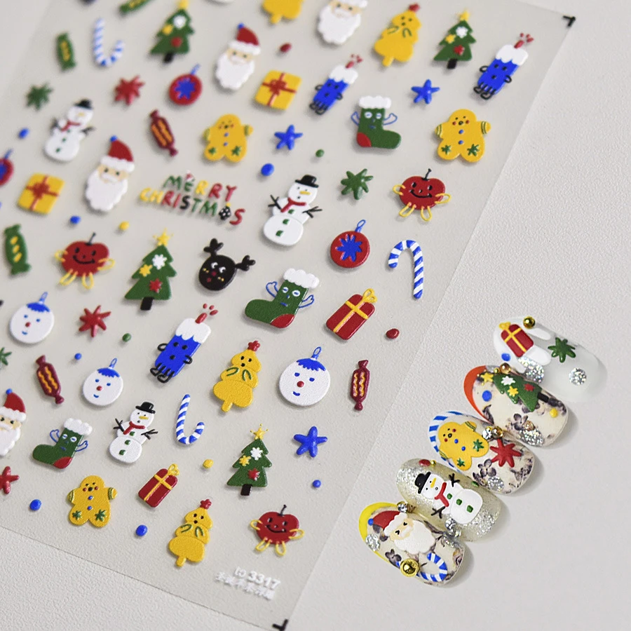 Winter Snowflake Elk Christmas Santa Claus Snowman Socks 5D Soft Embossed Reliefs Self Adhesive Nail Art Sticker Manicure Decals