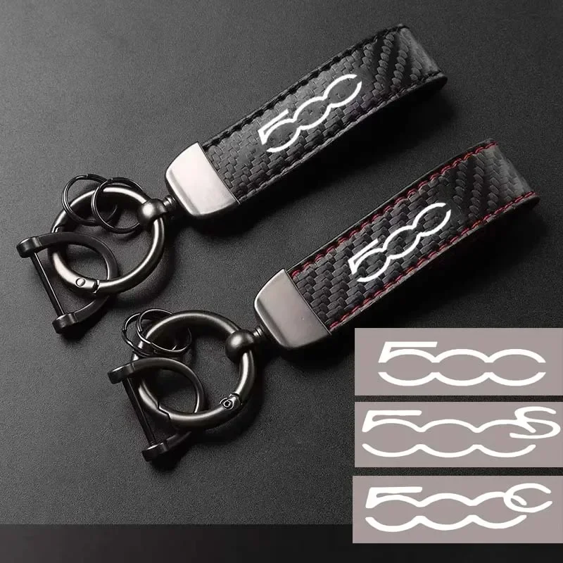

For fiat 500E 500C 500S 500 Carbon Fiber Leather Car Key Fob Decoration and Car Keychain with Horseshoe Clasp