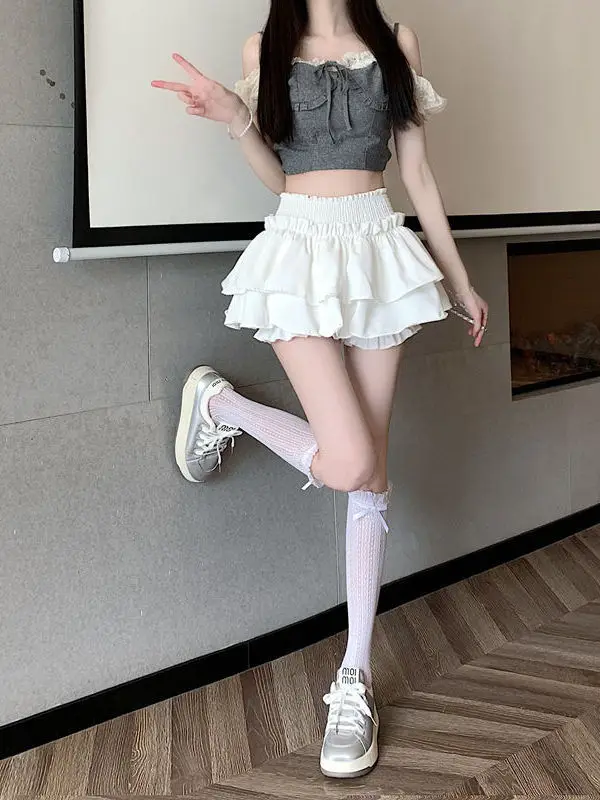 Women's Summer Multi-layered Ultra-short Pleated Skirt Cake Tutu Skirt with Puffy Hemline College Style Polyester Fiber