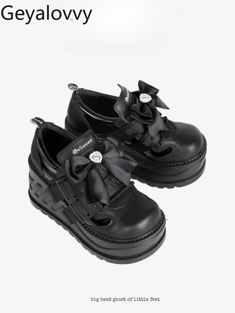 

Japanese Style Sweet Girls Versatile Thick-Soled Shoes Metal Buckle Velcro Leather Shoes Black Bow Height-Increasing Shoes