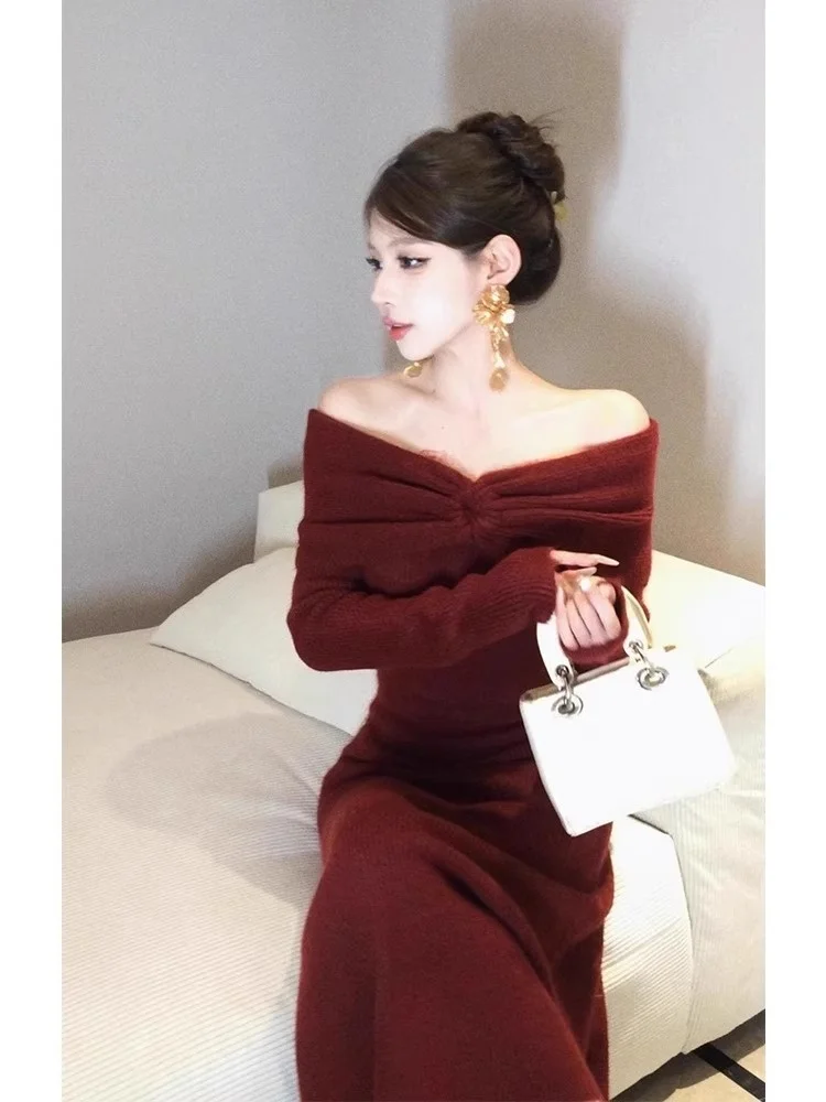 

Красное вязаное платье на одно плечо для женщин: модное, роскошное, легкое, миди-платье для вечеринок и свадеб