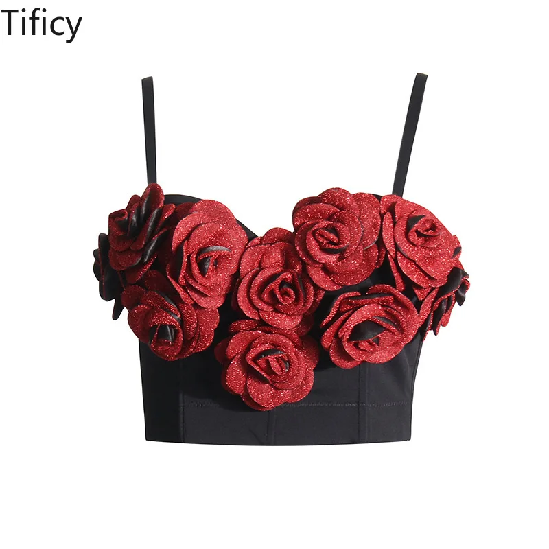 TIFICY High Quality Women's Sexy 3D Rose Blossom Small Strap New Fashion Open Navel Short Bra Camis Vest Crop Tops