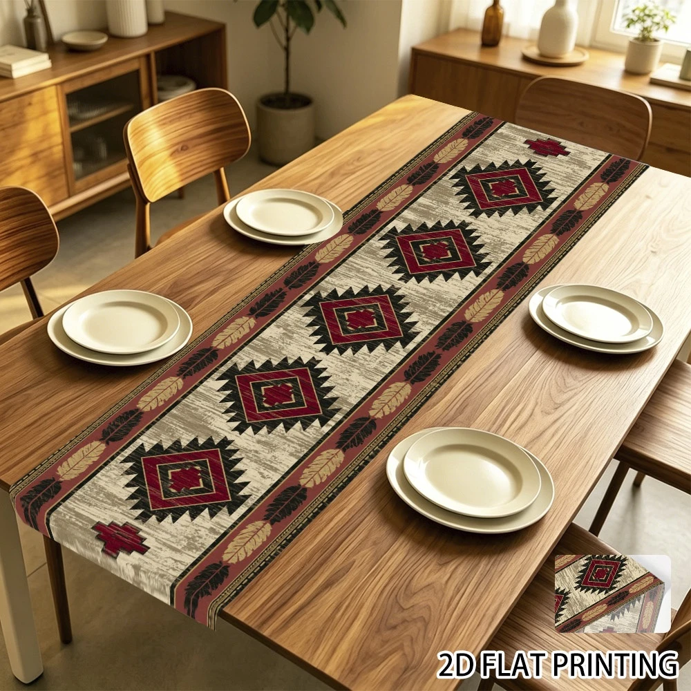 1pc Southwestern Aztec Table Runner Boho Geometric Feather Pattern Dining Table Decor for Indoor Outdoor Patio