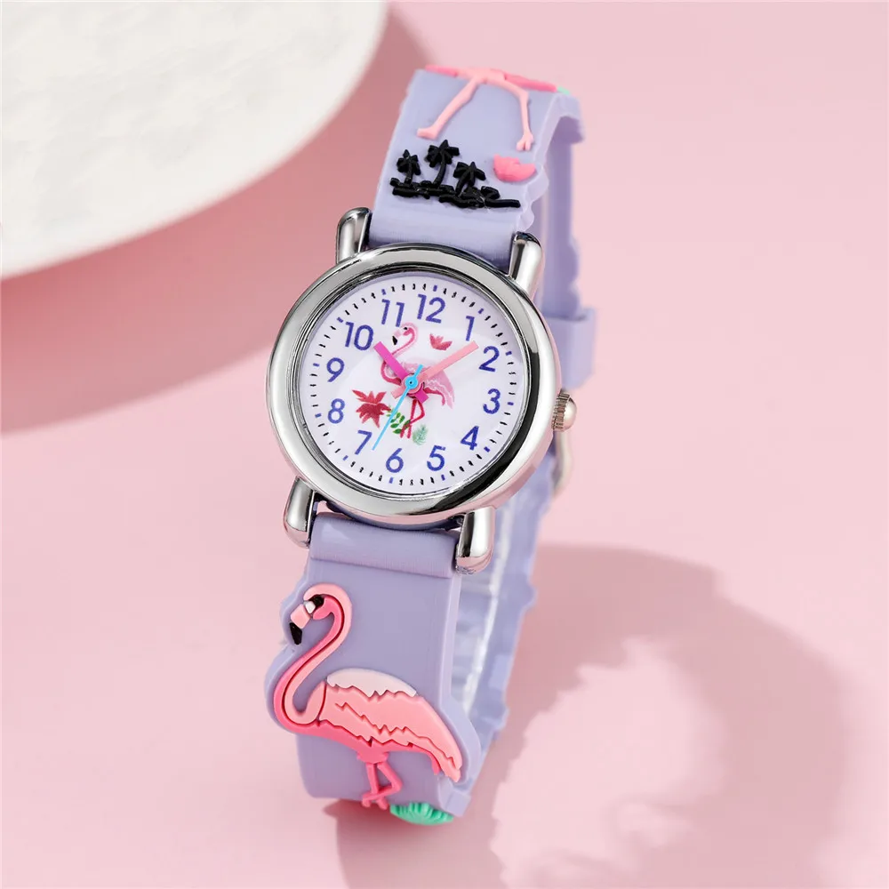 Cute Flamingo Pattern Children's Cartoon Watch Cute Candy Color Silicone Strap Waterproof Kids Quartz Watches