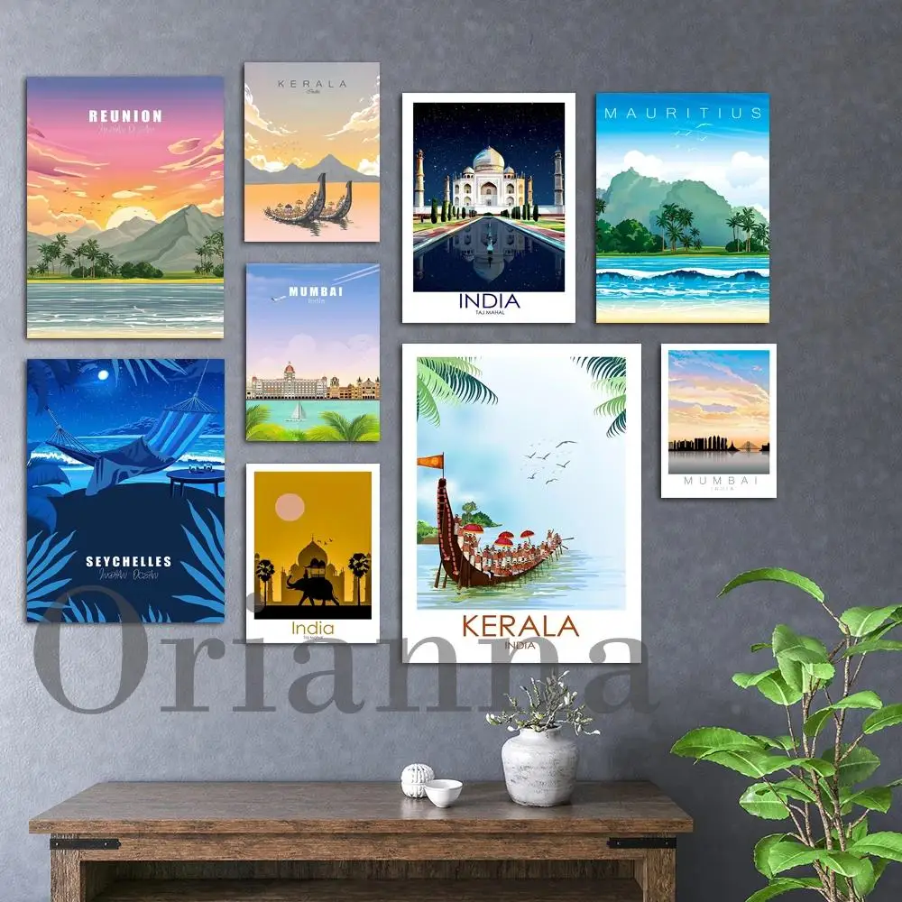 Travel Poster Collection  Iconic Destinations India  Seychelles Wall Art Decor Mumbai Kerala Taj Mahal Varanasi Print