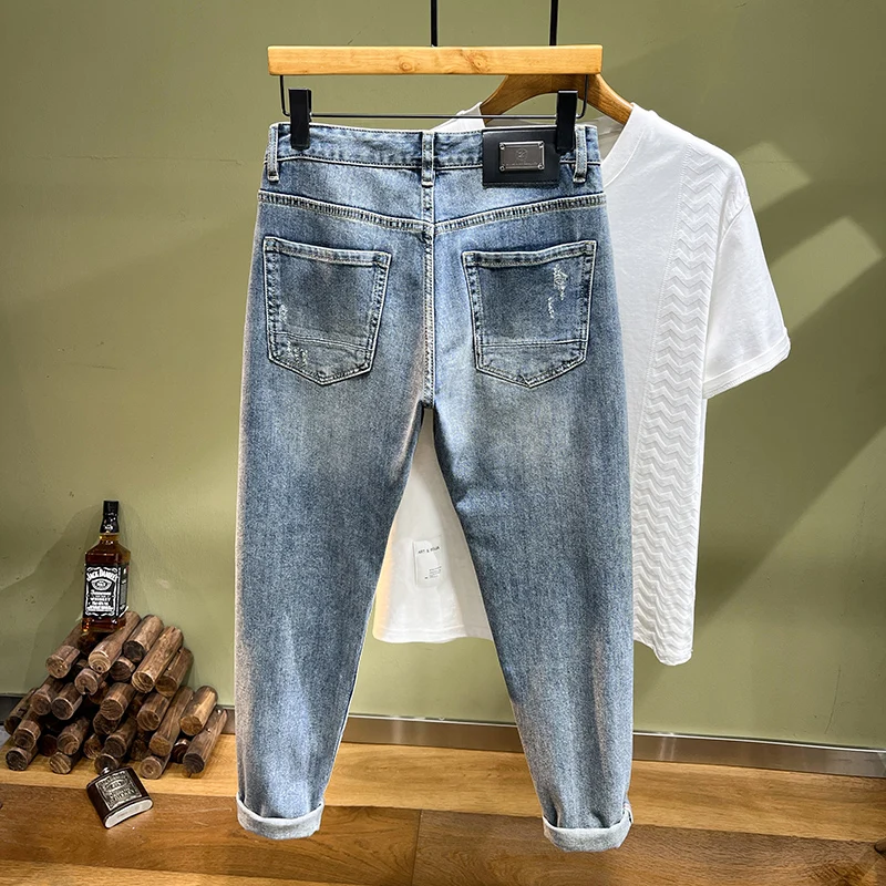 Street Fashion Men Jeans Retro Blue Stretch Slim Fit Vintage Ripped Jeans Men Embroidery Patched Designer Hip Hop Denim Pants