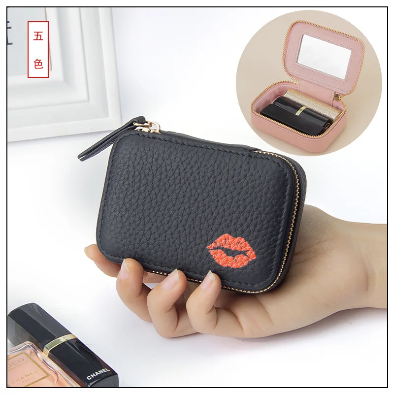 PS Genuine Leather Printing Lipstick Bag With Mirror Pillow Shape Makeup Box Elegant Earring And Jewelry Storage Case For Ladies