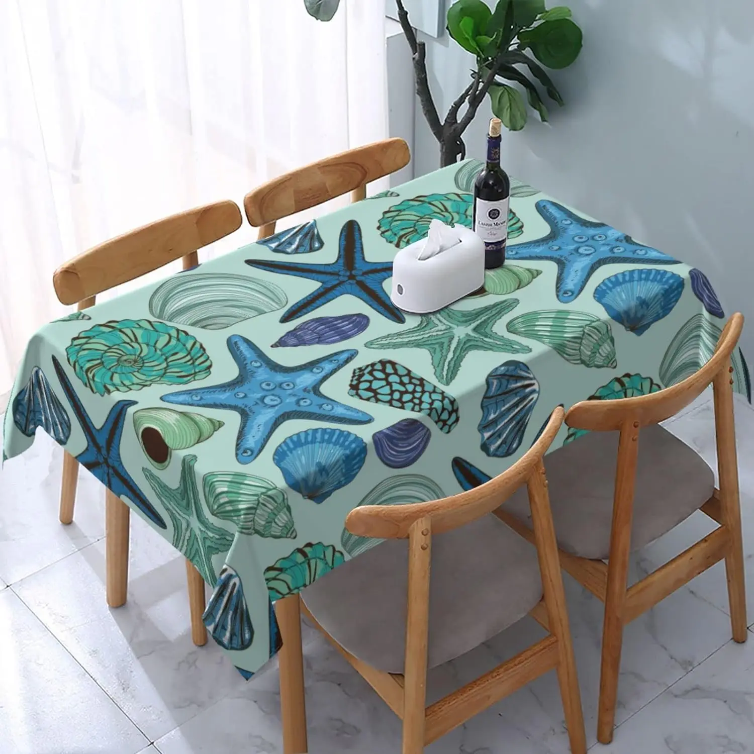 Navy Blue Teal Starfish Beach Tablecloths Nautical Beachy Waterproof Table Cover Reusable Home Party Dining Room Kitchen Decor