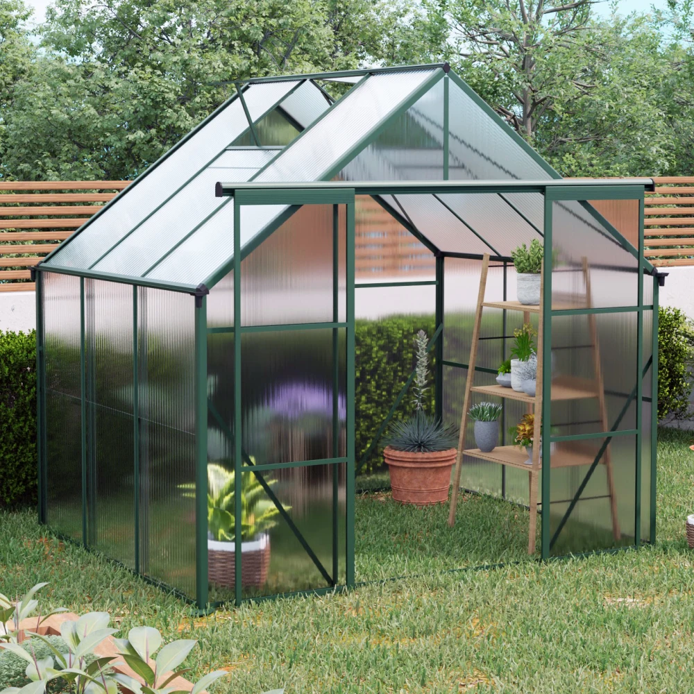 

8X6FT Green Double Door PC Greenhouse: Raised Base & Anchor Aluminum HD Walk-in All Season