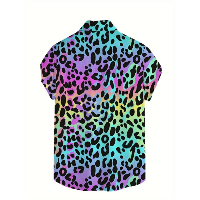 Camicia casual estiva in poliestere traspirante - Colletto abbottonato sfumato con stampa leopardata da uomo per le vacanze al mare, lavabile in lavatrice