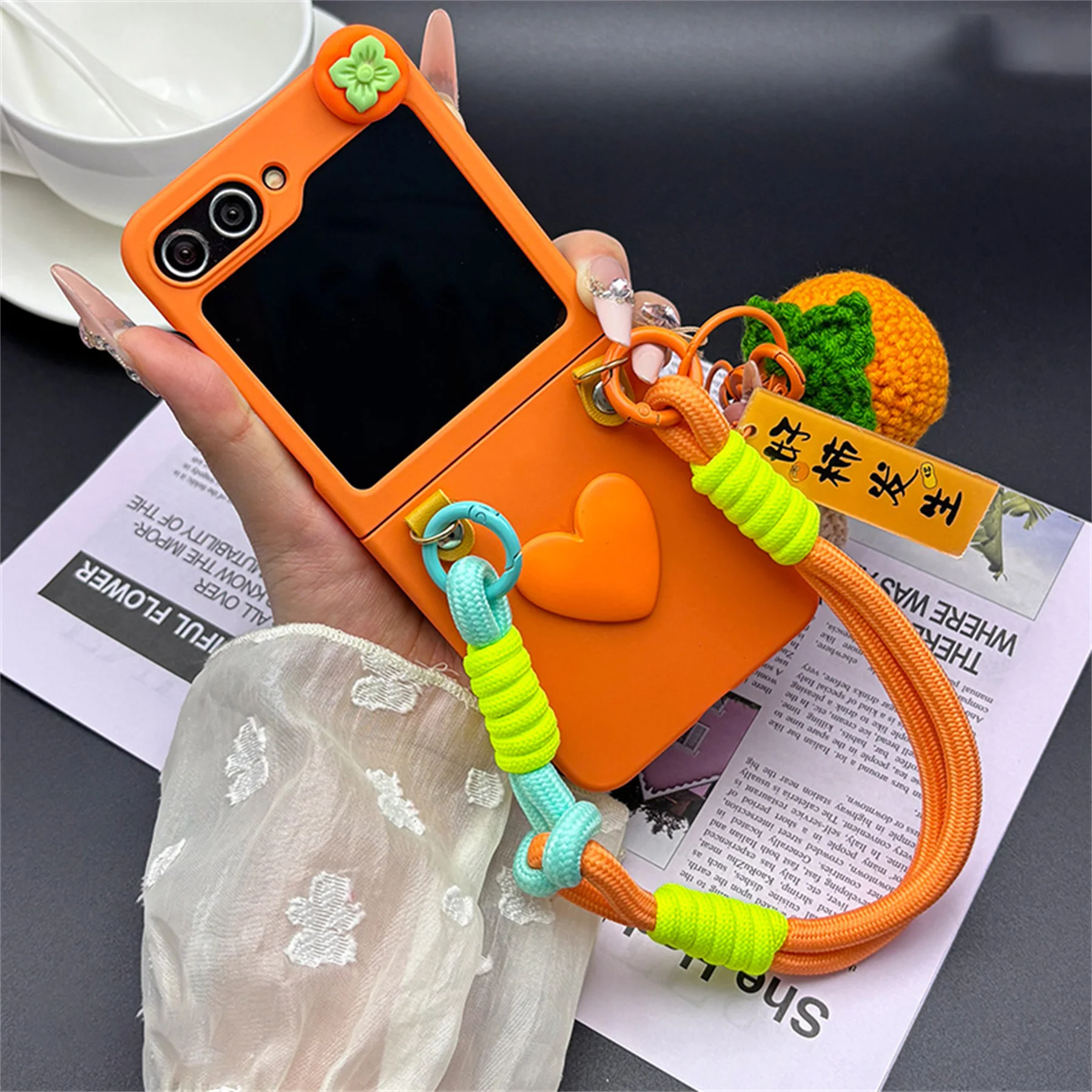 Cute Love Heart Orange Phone Case with Persimmon Pendant Handheld Rope Cover for Samsung Galaxy ZFlip 7 ZFlip6 ZFlip 5 Zflip 4 3