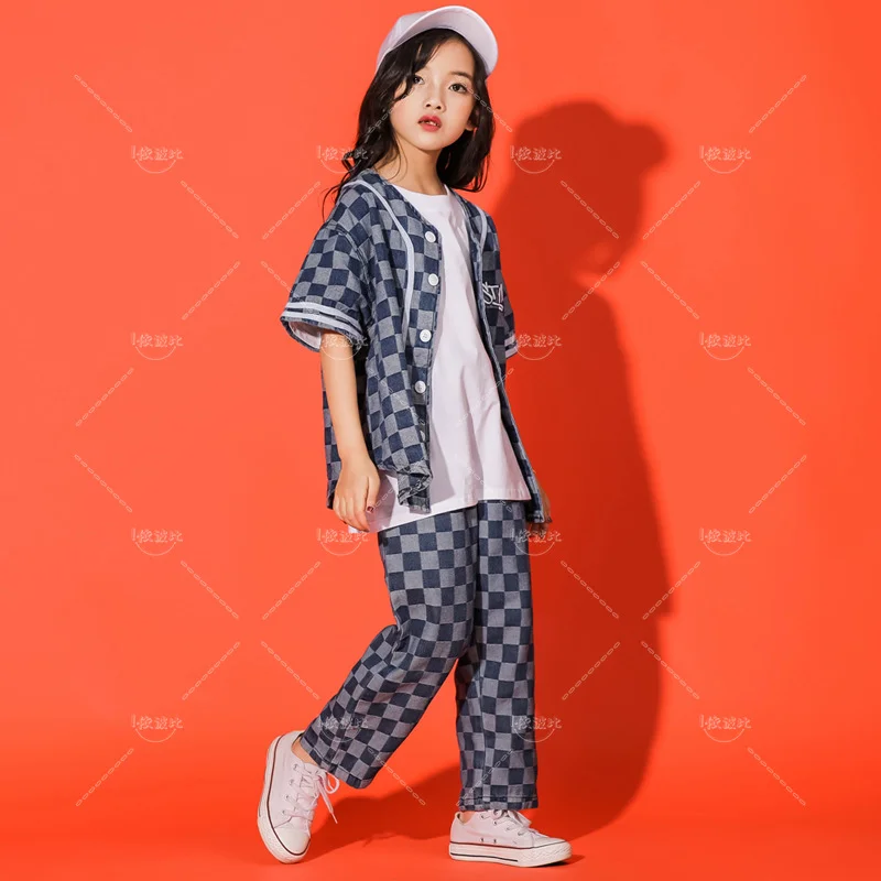 Girls Street Dance Checkered Shirt Hip Hop Boys Denim Pants Short Sleeve Jacket Kids Jazz Outfits Child Teens Costume Clothing