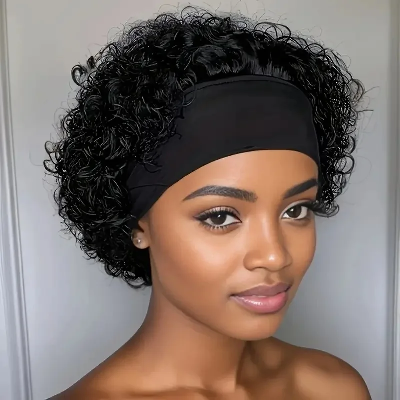 

Afro Curly Brazilian Virgin Hair Headband Wig - Machine Made Short Kinky Curly Human Hair Wigs for Women