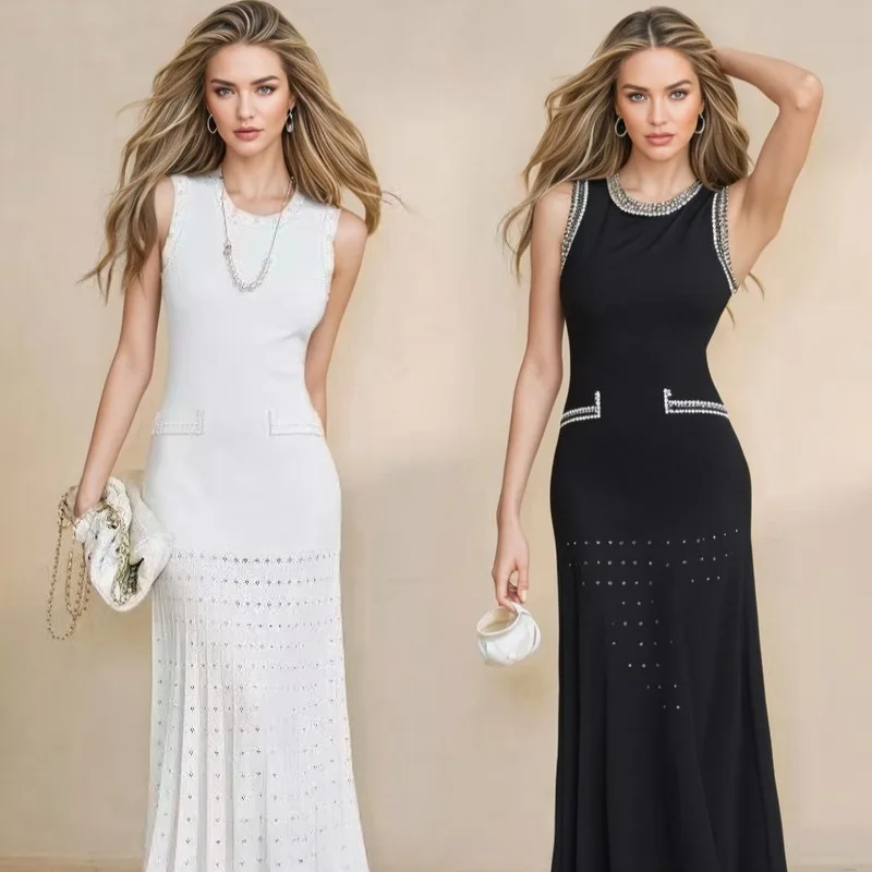 

French Style Heavy Beaded Vest Knitted Dress Women Summer New Elegant Design Exquisite Sleeveless Long Dress
