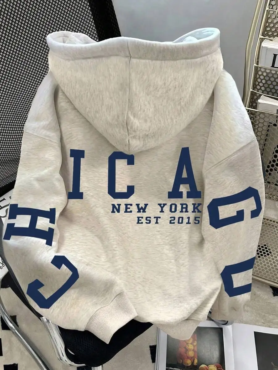 

Women's Loose Drop Shoulder Hoodie with Bold Letter Print