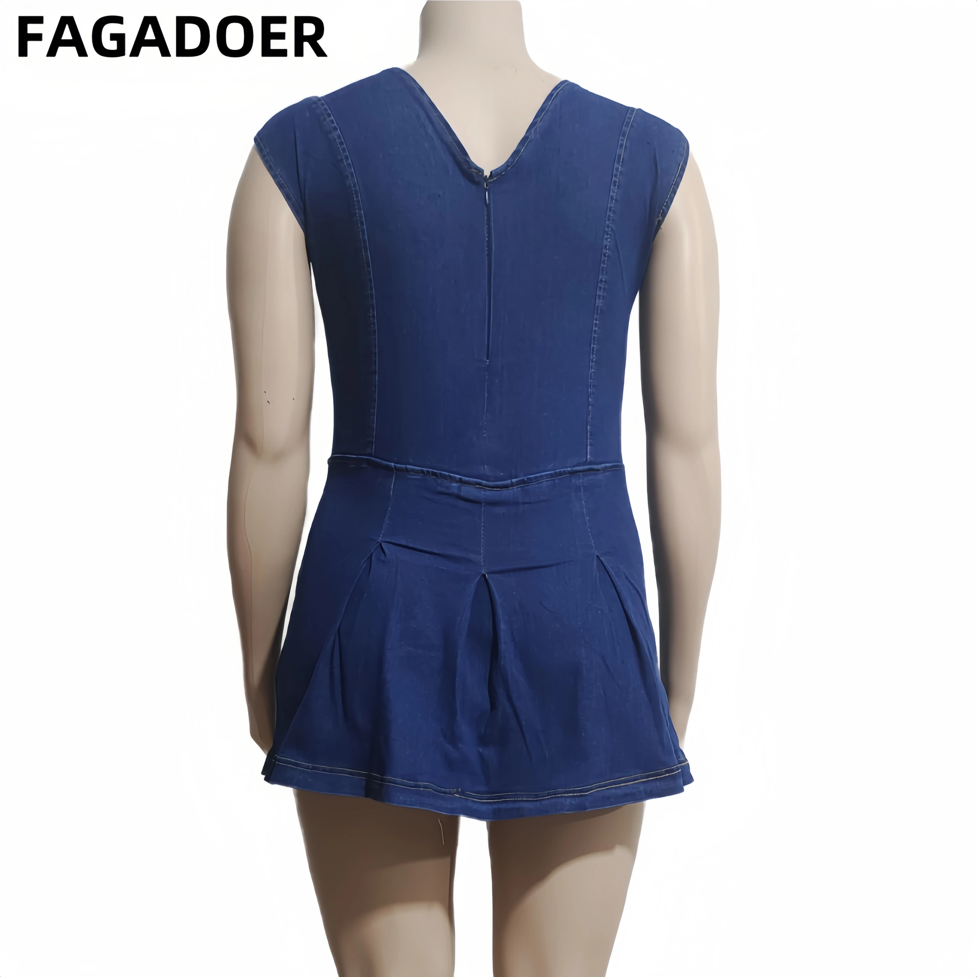 FAGADOER Sexy V-Neck Denim Dress for Women Tank Top Jean jumpsuit dress with Shorts Underneath Jean Romper Skirt Set Outfits