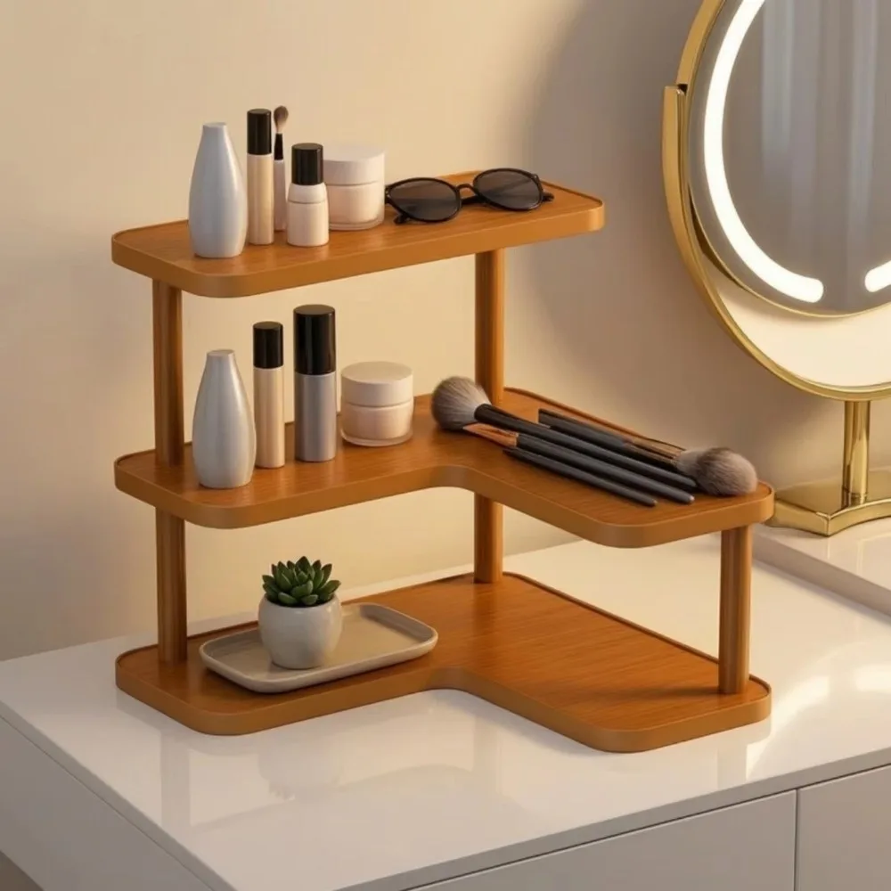 Bamboo Corner Desktop Shelves Rounded Edges L-Shaped Multi-layer Storage Shelf Space Saving Large Capacity Makeup Organizer