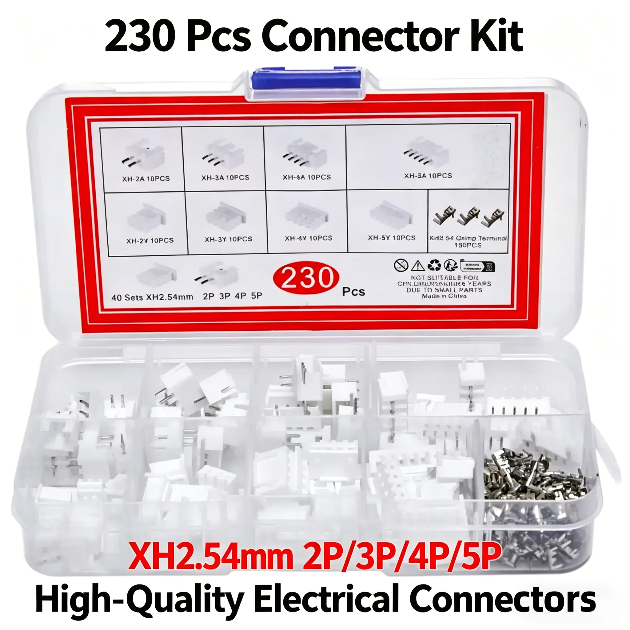 230PCS XH2.54mm Connector Kit 2P 3P 4P 5P Pin Header Housing Terminal Assortment for Electronic Wiring DIY Project Maintenance E