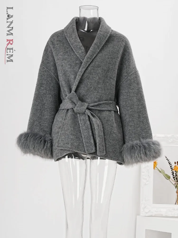 

LANMREM Fur Stitching Woolen Coats For Women Lapel Long Sleeves Belt Short Overcoats Female Luxury Warm Winter Clothing CPG1864