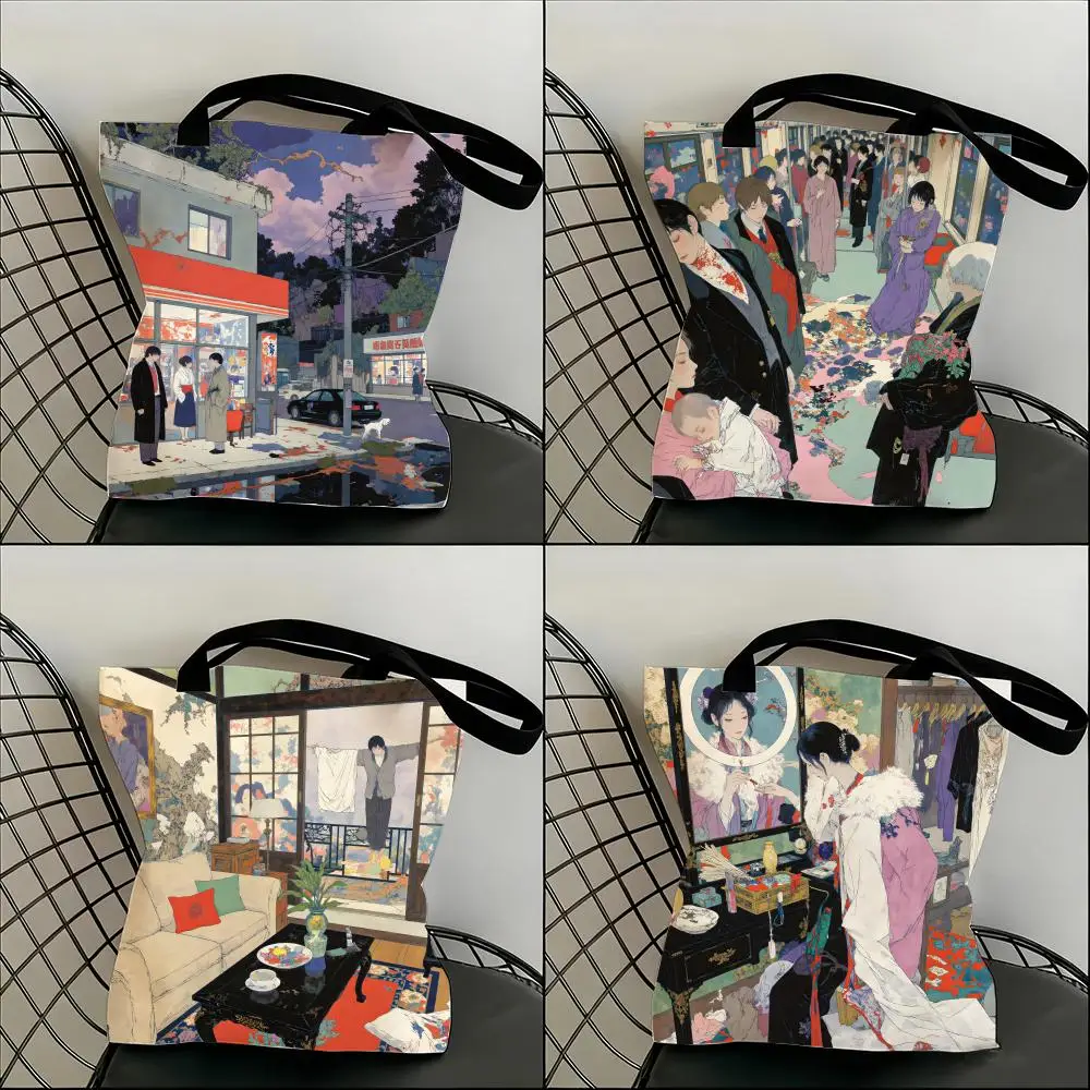 

eerie and decadent ukiyo-e Storage Bags Lightweight Canvas Shoulder Shopper Fashionable Eco Multi Use Tote with Large Capacity