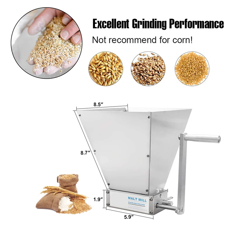 Homebrew 2 Rollers Barley Malt Mill Grinder Crusher Stainless Steel Powder Grain Grinder for Home Beer Brewing