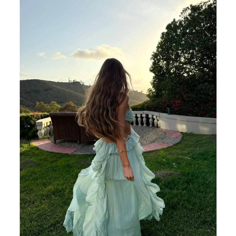 Lunaria 여성 컷 아웃 볼 가운 민소매 넥타이 백 솔리드 컬러 프릴 롱 드레스 여름 파티 드레스