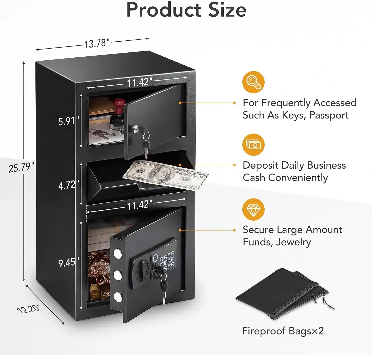 Heavy Duty Biometric Depository Drop Safe 5.8 Cuft Fingerprint Cash Box with Drop Slot Digital Keypad Spare Key for Retail Church Business