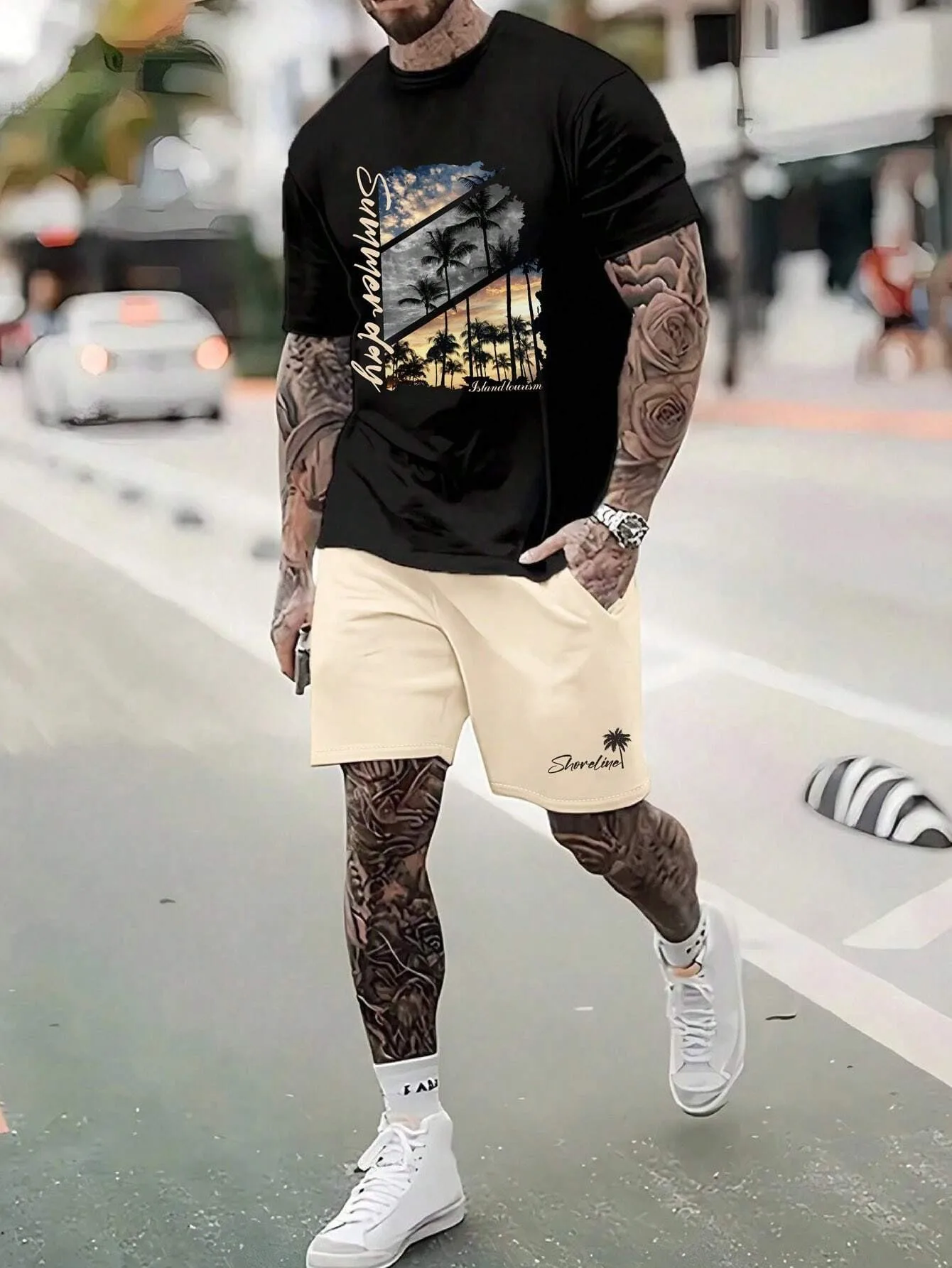 

2026 Summer New Men's Short-Sleeved Shorts Set with 3D Coconut Tree Pattern Print - Street Casual Fashion Comfortable and Soft
