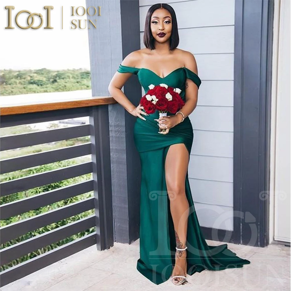 

IOOISUN Emerald Green Satin Off-the-Shoulder Bridesmaid Dress Customized Mermaid Wedding Party Gown Formal Party Dresses