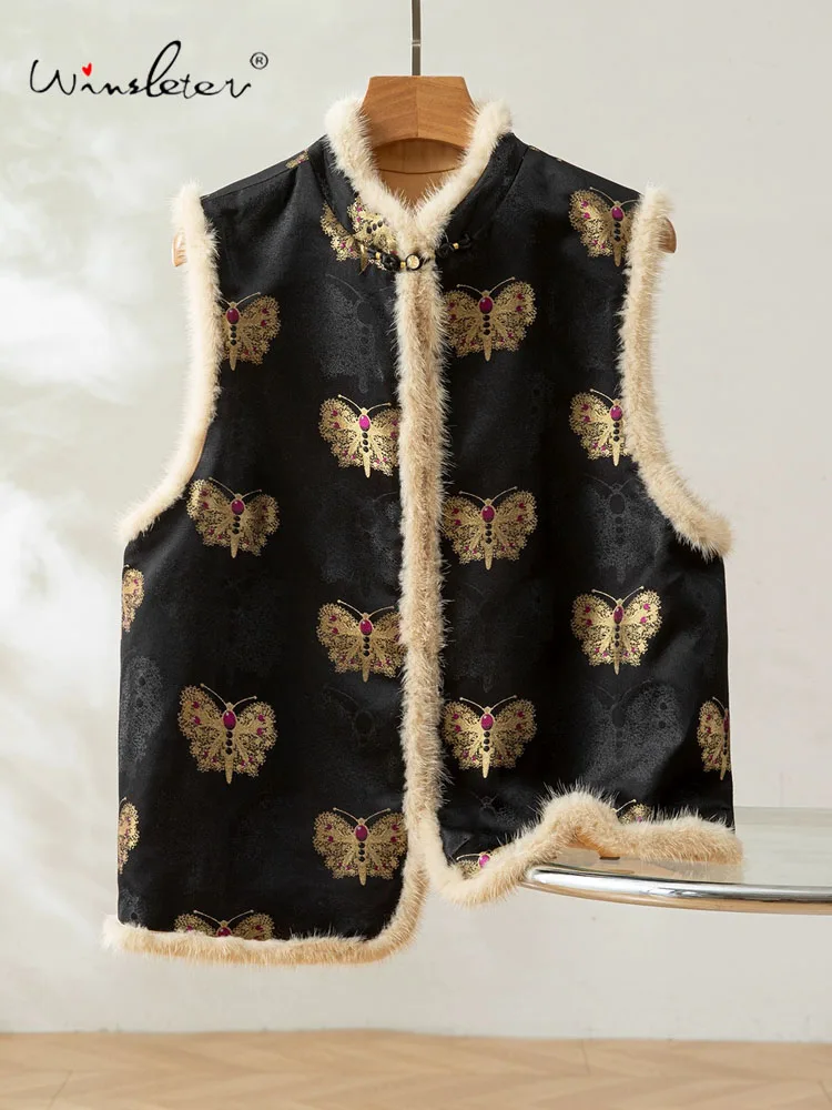 

Winsleter-Filler 100%Real Silk Elegant Vest Coat, Mink Fur Patchwork, Women Retro Song Brocade Waistcoat, 2025 Winter C5N933CC