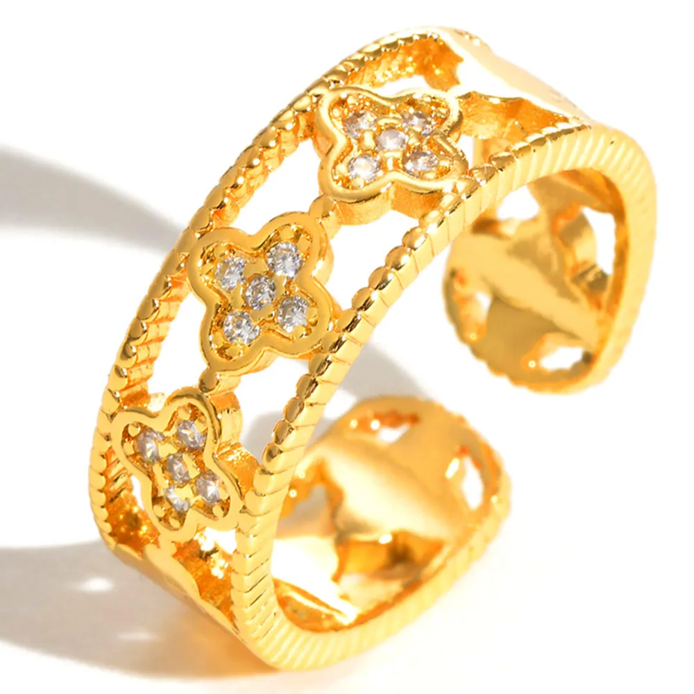 Vnox Four Leaf Clover Open Ring for Women Girls, Adjustable Gold Plated Copper Finger Band, Luxury Delicate Jewelry Gift for Her