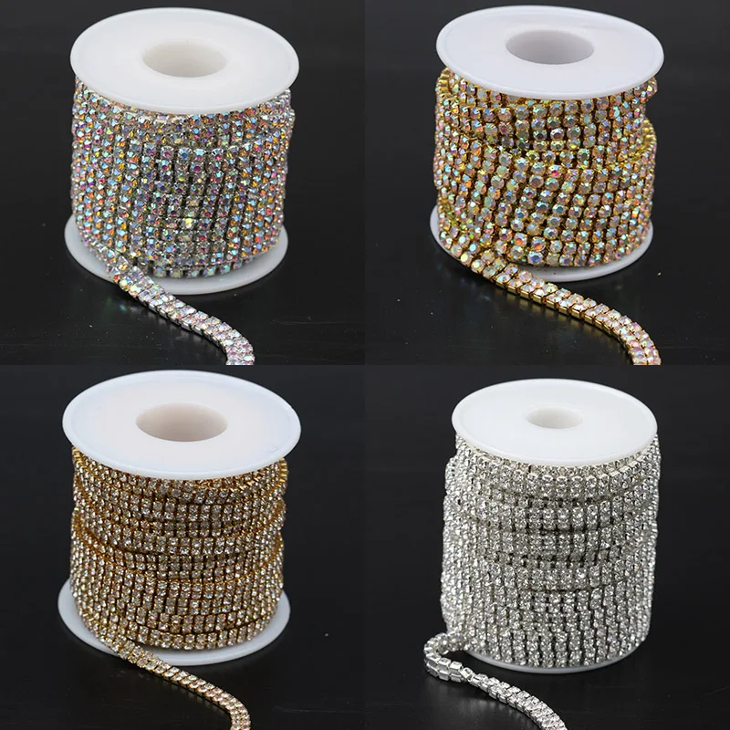 Hot 1yards 2rows Rhinestone AB/clear crystal Chain Gold/Silver claw close Base Cup Chain Apparel Sewing diy Beauty Accessories