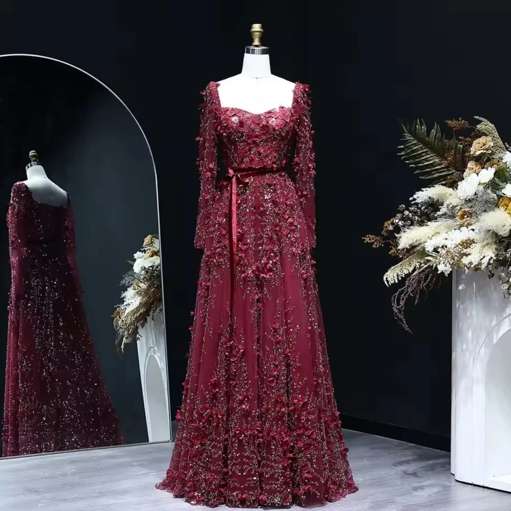 Customized Applique Charming Long Sleeves Square Neck A-line Floor-length Luxury Evening Dress Bespoke Occasion Exquisite Party