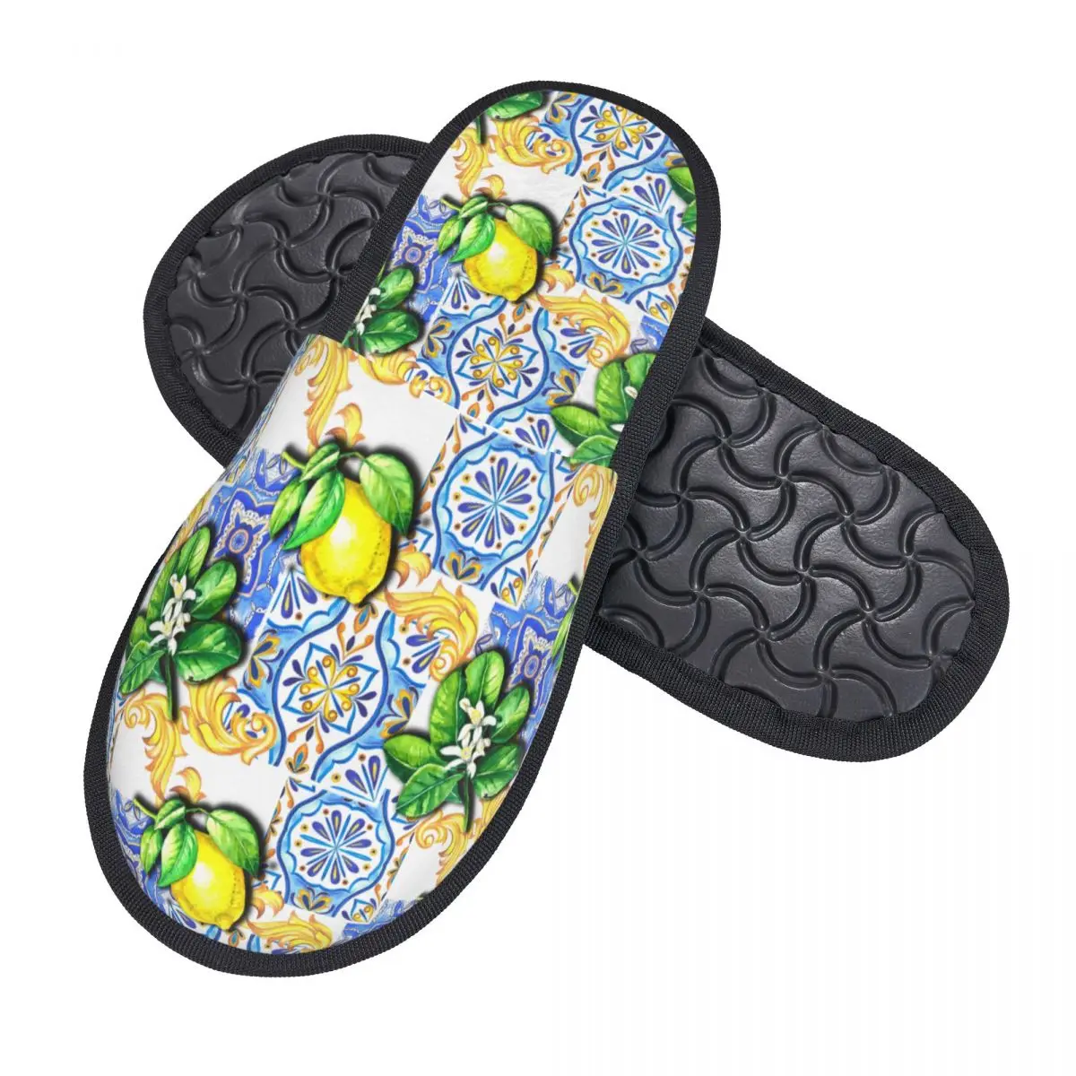 Custom Mediterranean Tiles Summer Fruit Lemons Guest Slippers for Hotel Women House Slipper