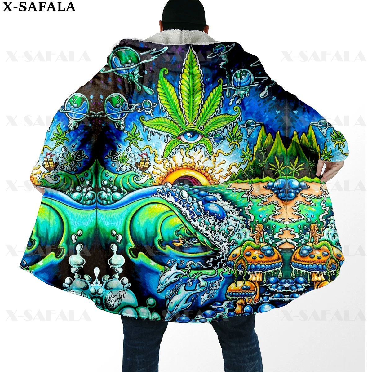 

Weeds Leaf Psychedelic Colorful Trippy Thick Warm Hooded Cloak Men Overcoat Coat Windproof Fleece Cape Robe Hooded Blanket-8