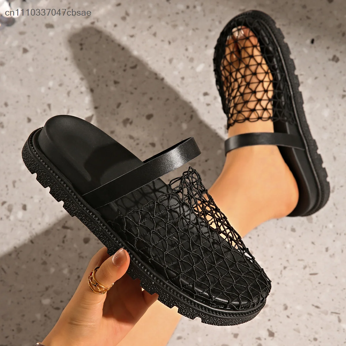 Women Black Mesh Slide Sandals Stylish Hollow Fishnet Upper Flat Sandal Summer Beach Outdoor Casual Daily Party Wear Soft Shoes