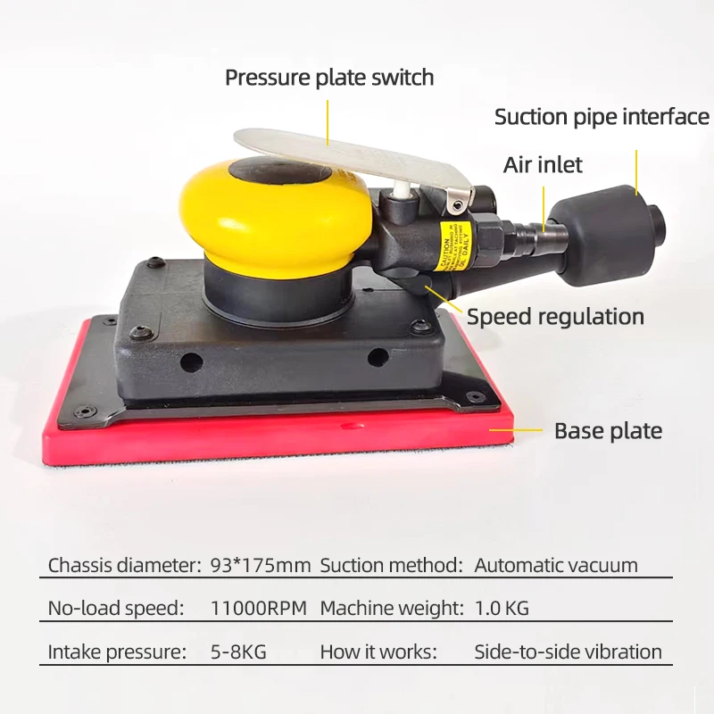 

Rectangular Pneumatic Dry Grinder 93×175mm Central Dust Collection 4+4 Holes Car Paint Putty Sander Sandpaper Machine