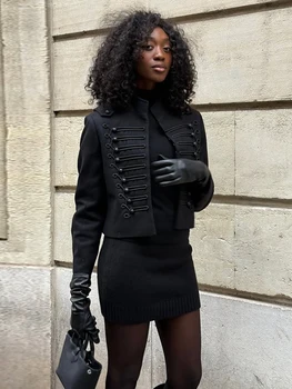 Women's Napoleon Style Black Cropped Jacket Coat Long Sleeve Tops Braided Button Trim Vintage Slim Fit Fashion Lady Outerwear 4 Women's Napoleon Style Black Cropped Jacket Coat Long Sleeve Tops Braided Button Trim Vintage Slim Fit Fashion Lady Outerwear 4