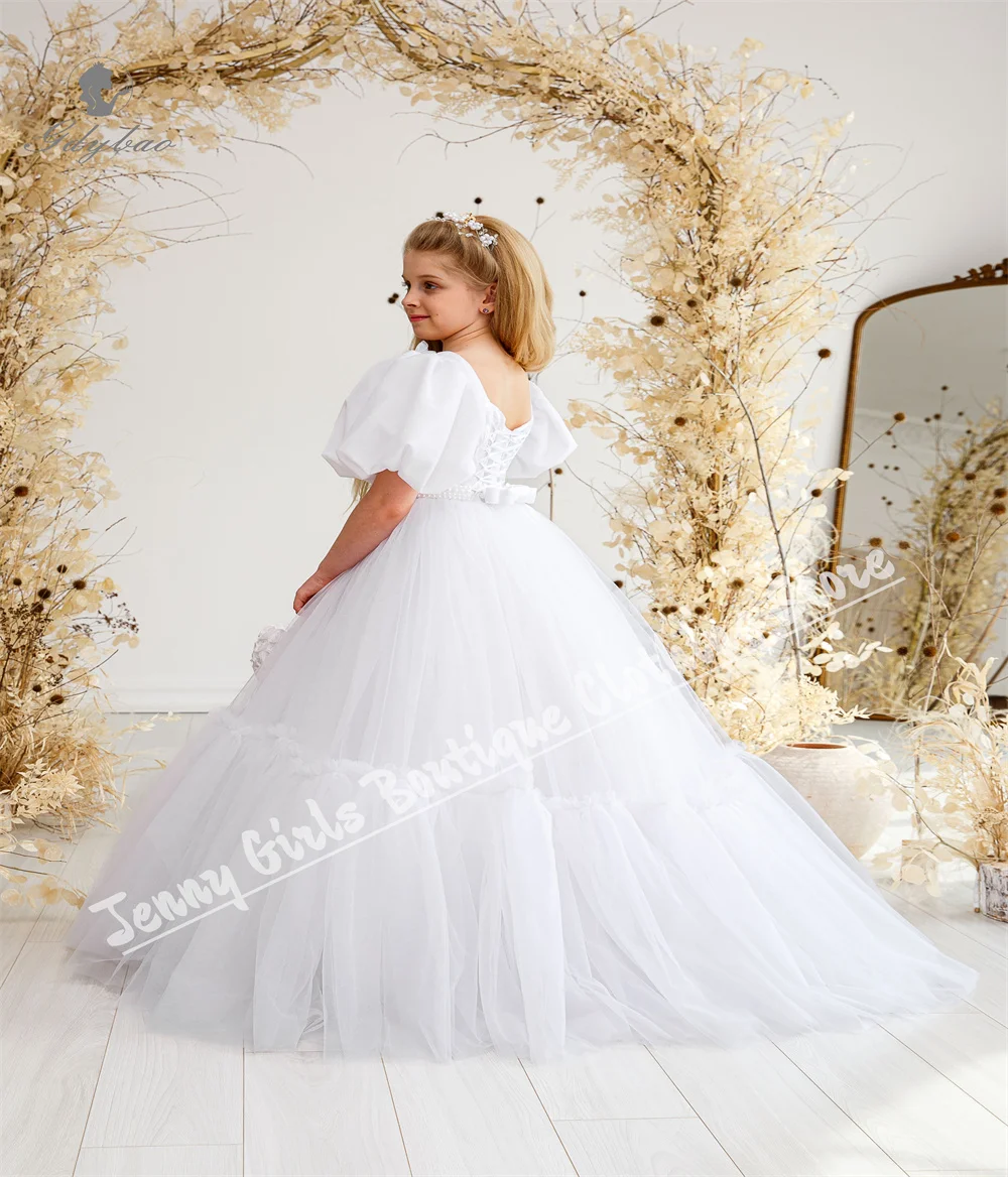 

White Fluffy Bubble Short-Sleeve Children's Dress with Pearl Belt For Birthday Communion Bridal Shower Wedding Photography
