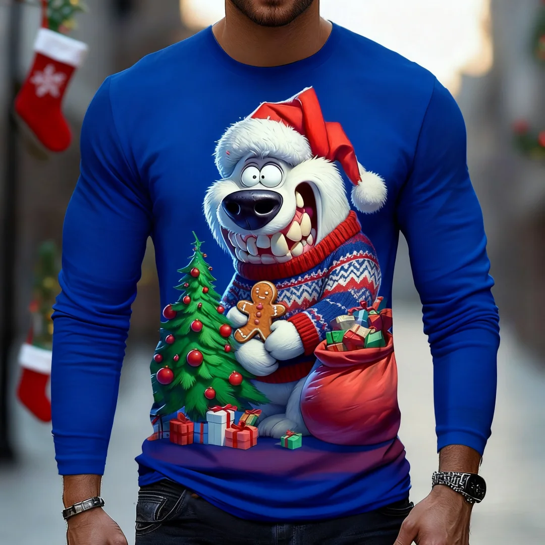 面白い白いクマ柄のグラフィックTシャツ メンズ クリスマススタイル 長袖Tシャツ 春秋 カジュアルTシャツ トレンド メンズ服